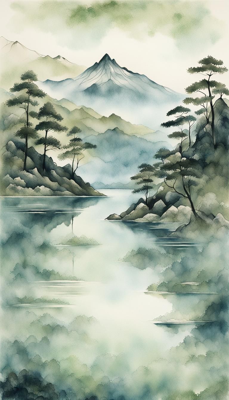 Serene Lake Landscape in Sumi-e Style