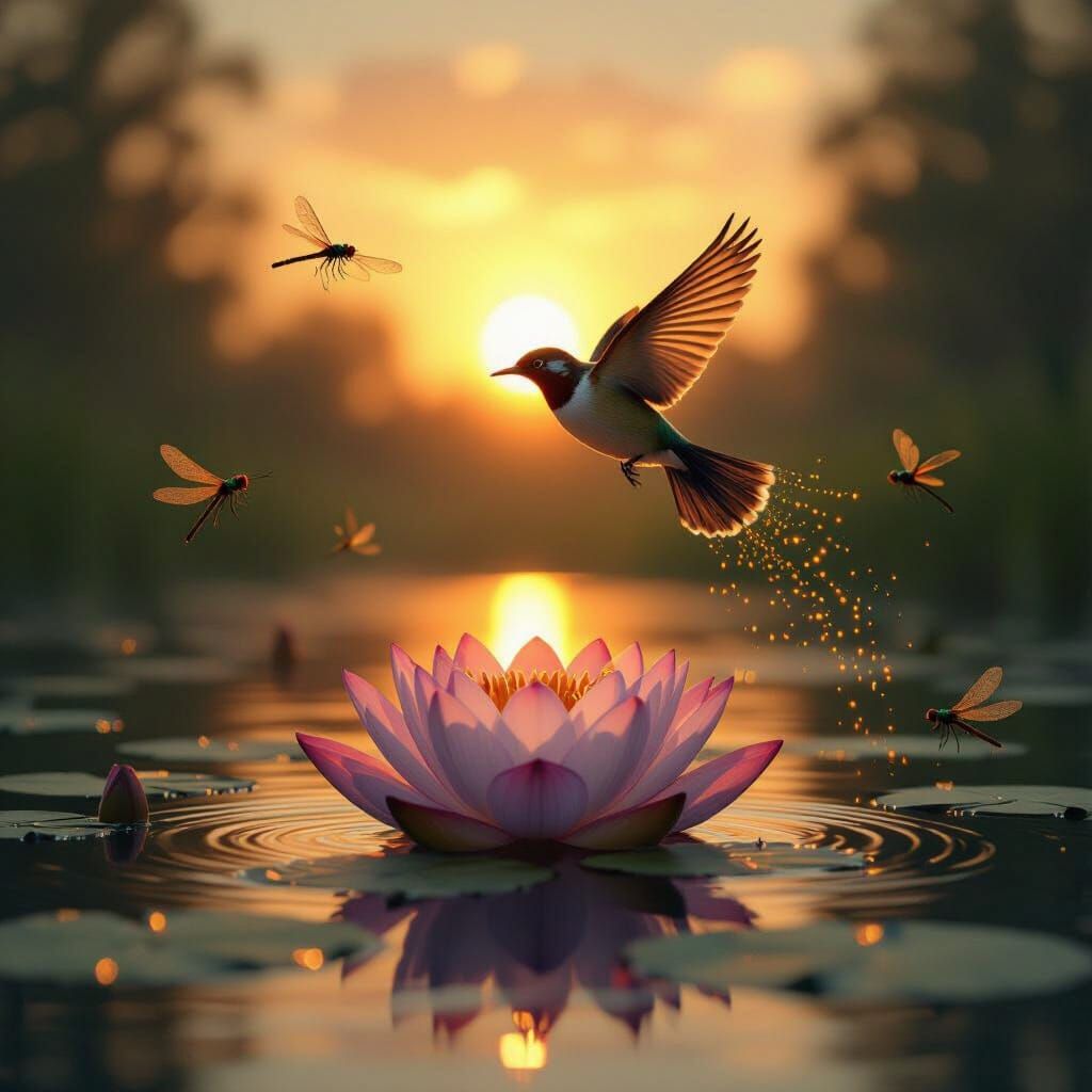 Bird and Lotus Flower with Dragonflies