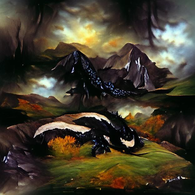 Black Dragon at Mountain Base: A Matte Fantasy Painting