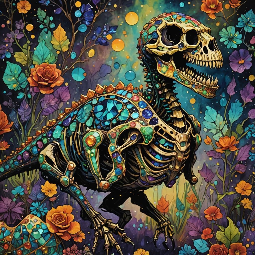 Bejeweled Dinosaur Skeleton in Alcohol Ink Style