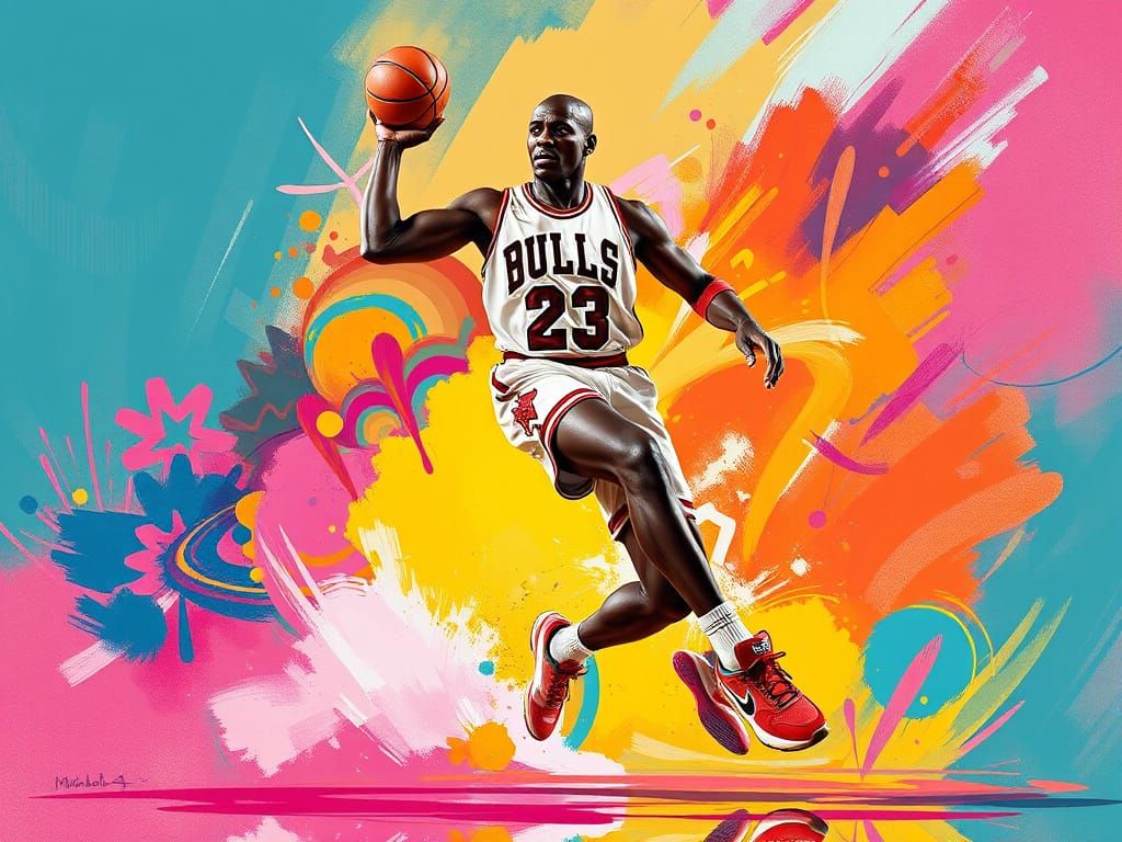 Michael Jordan in Dynamic Basketball Pose, Digital Illustrat...