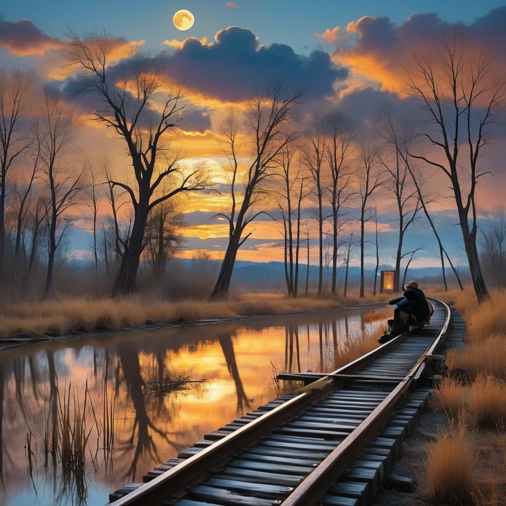 Blue Moon Over River Scene in Van Gogh Style