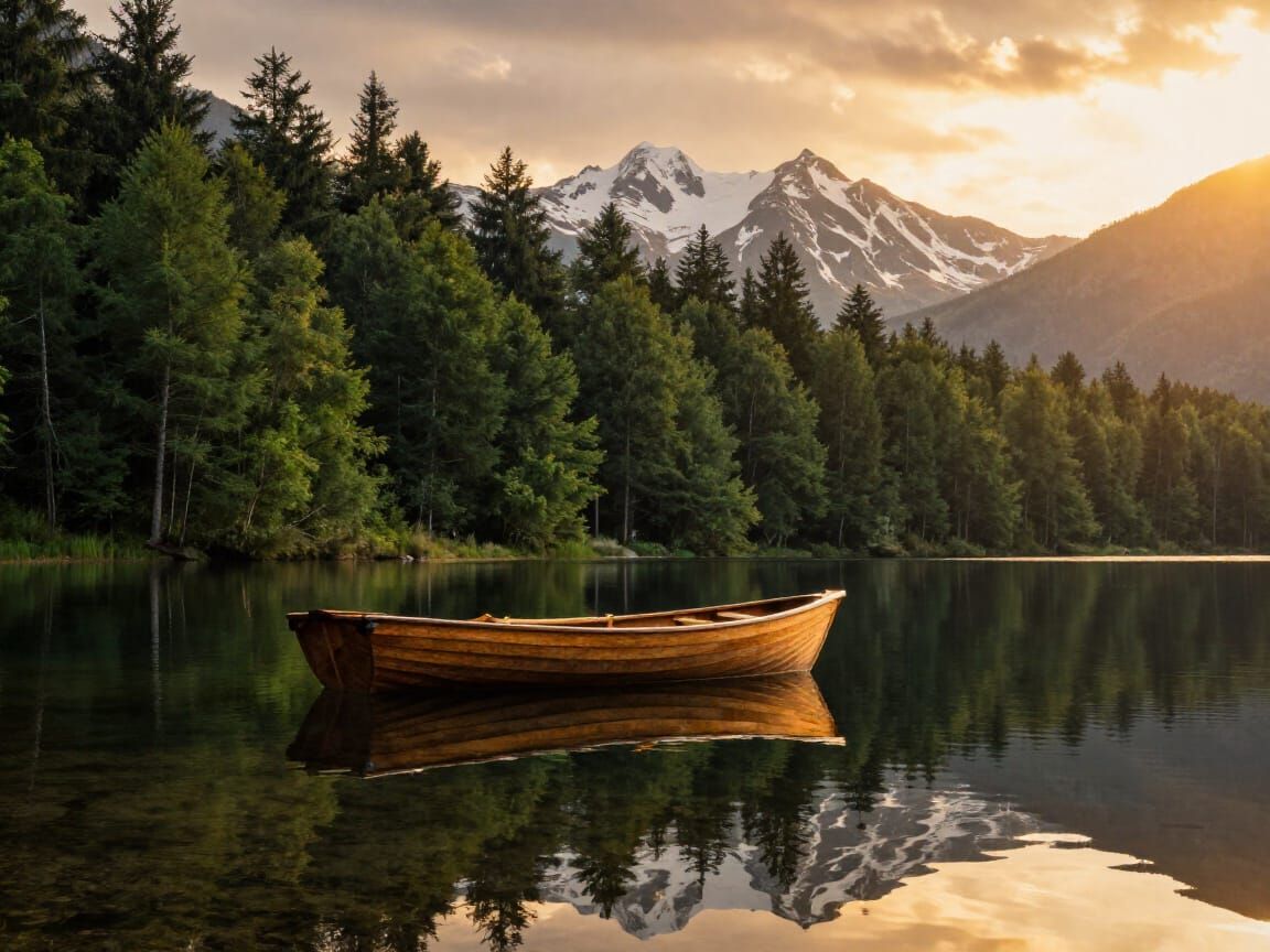 Tranquil Lake Sunset with Boat Reflection