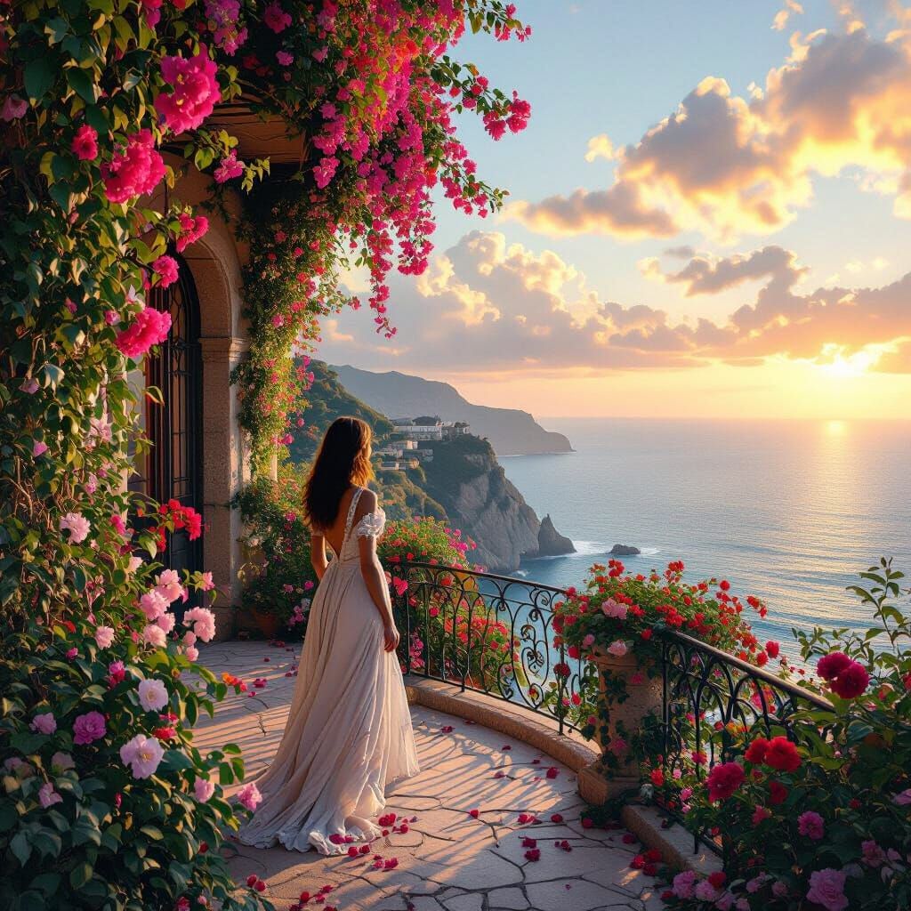 Extravagant cliffside garden overlooking the ocean, floral terraces bursting with color, ornate wrought iron railing wra...