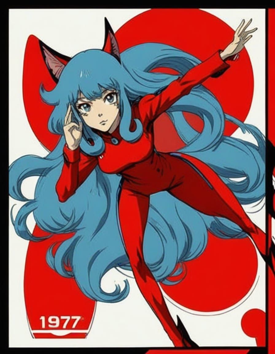 Alien Catgirl in Red Space Uniform, 1970s Anime Style