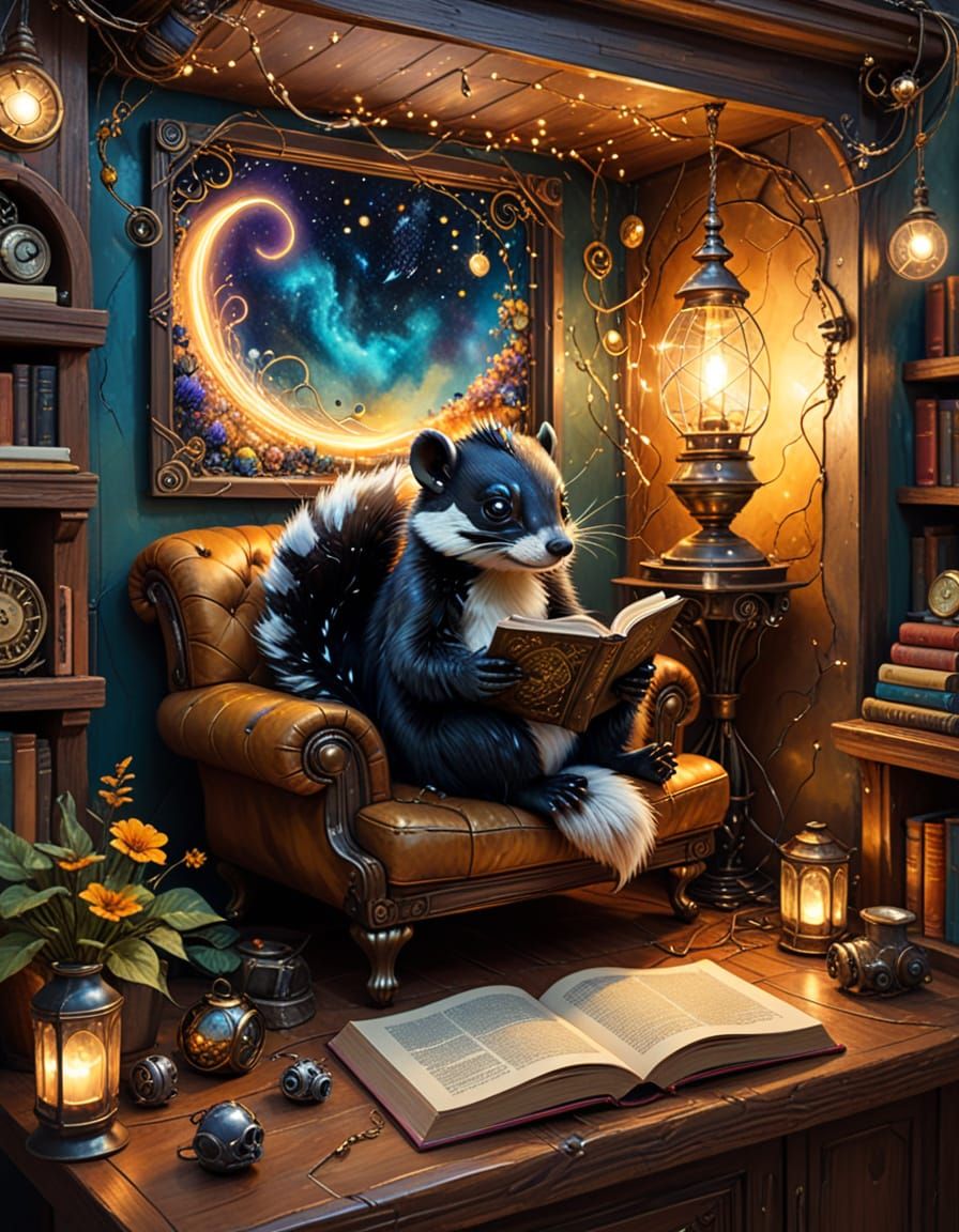 Steampunk Skunk Reading Nook in Space