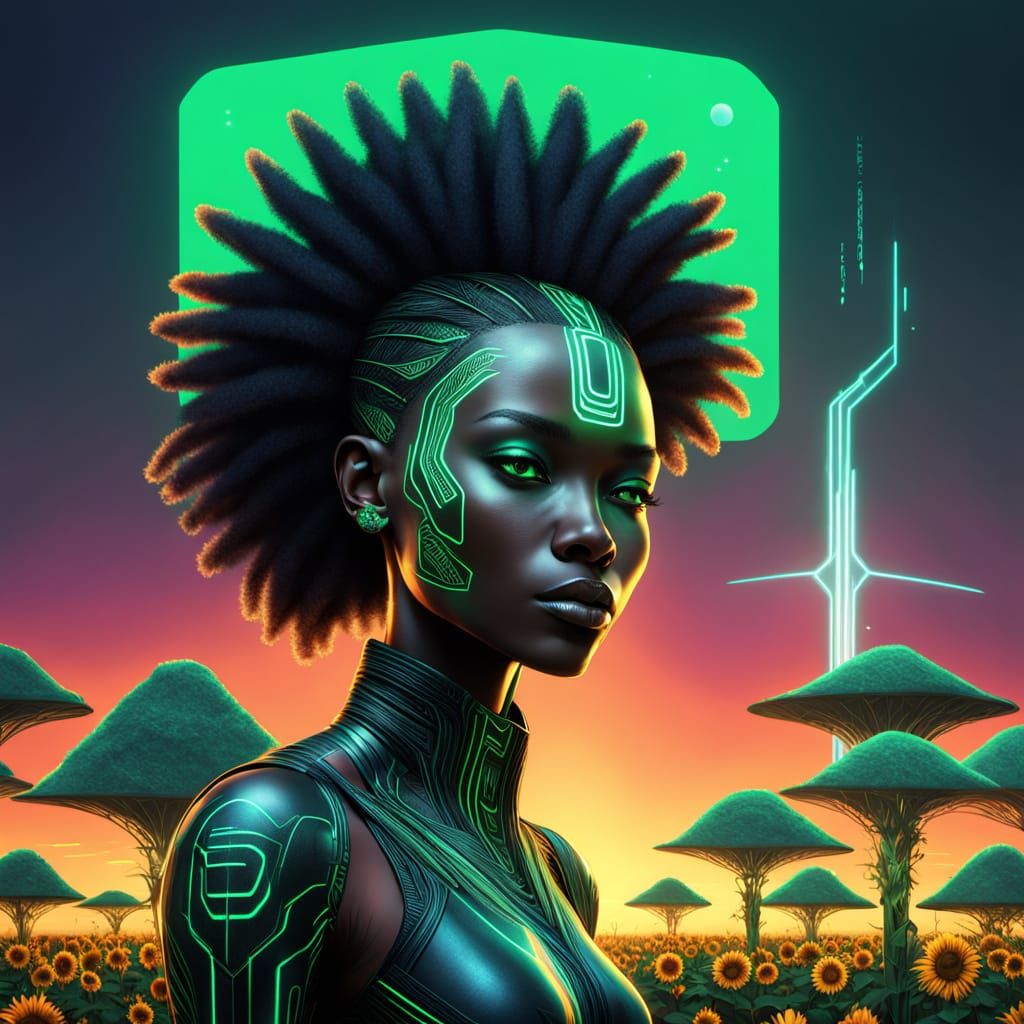 Cyberpunk Techno-Shaman Queen in Afro-Futurist Oil Painting