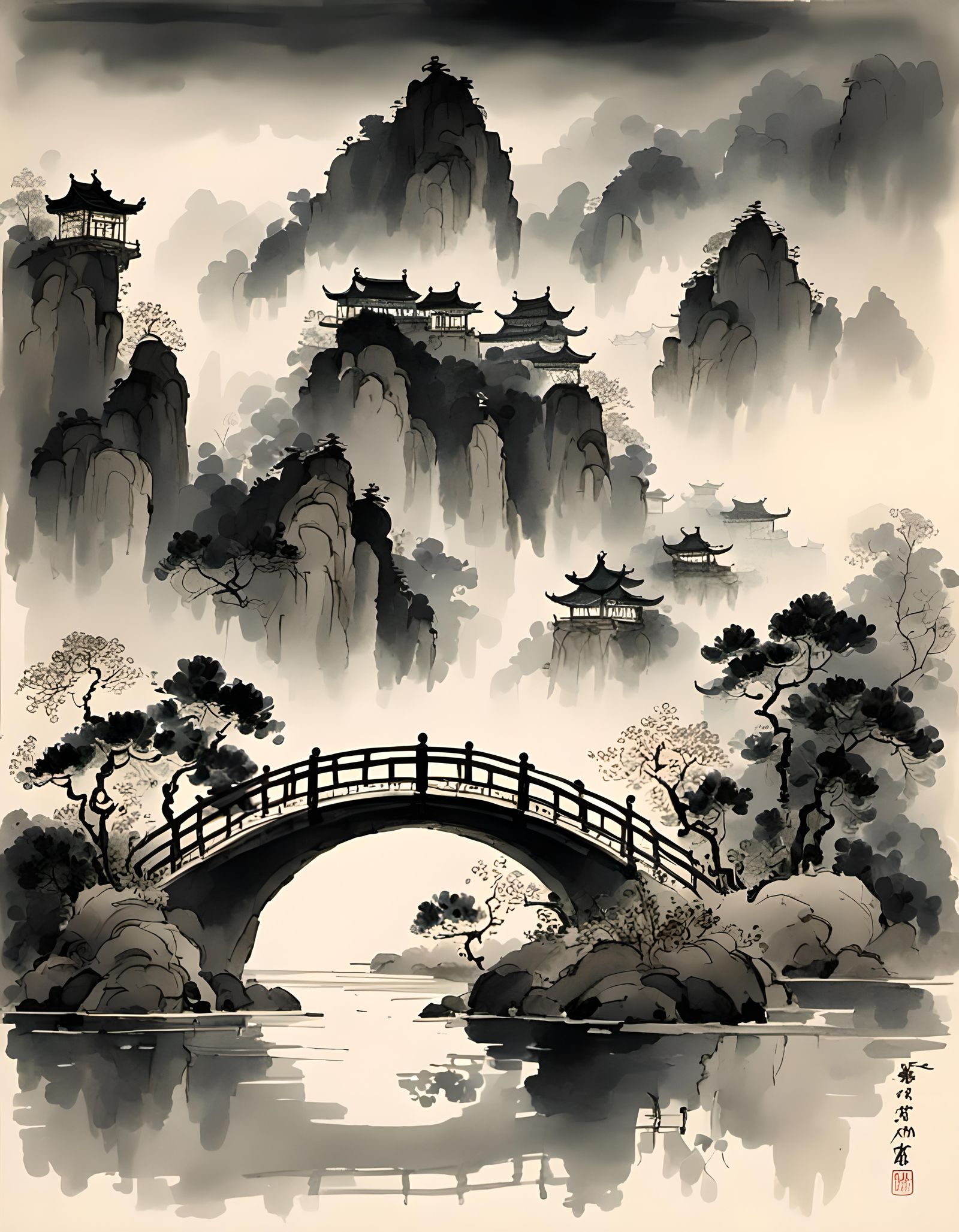 Elegant Dark Night Landscape in Chinese Watercolor Style