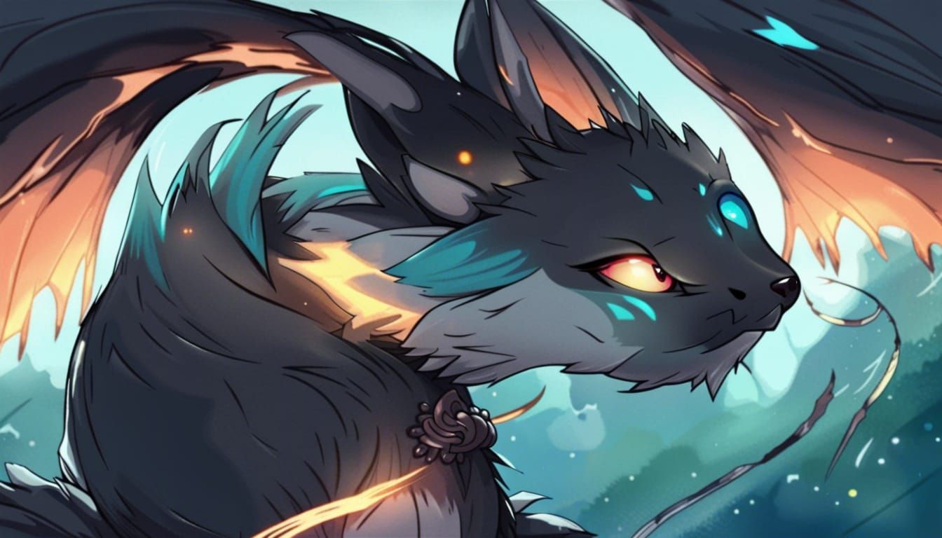 Teal Kitten with Dragon Wings in Anime Style