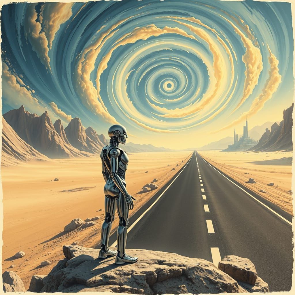 Serene Futuristic Landscape with Shining Automaton