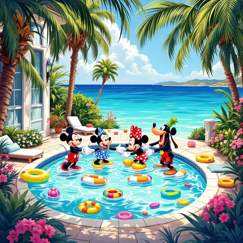 Disney Characters Poolside: A Whimsical Mediterranean Scene