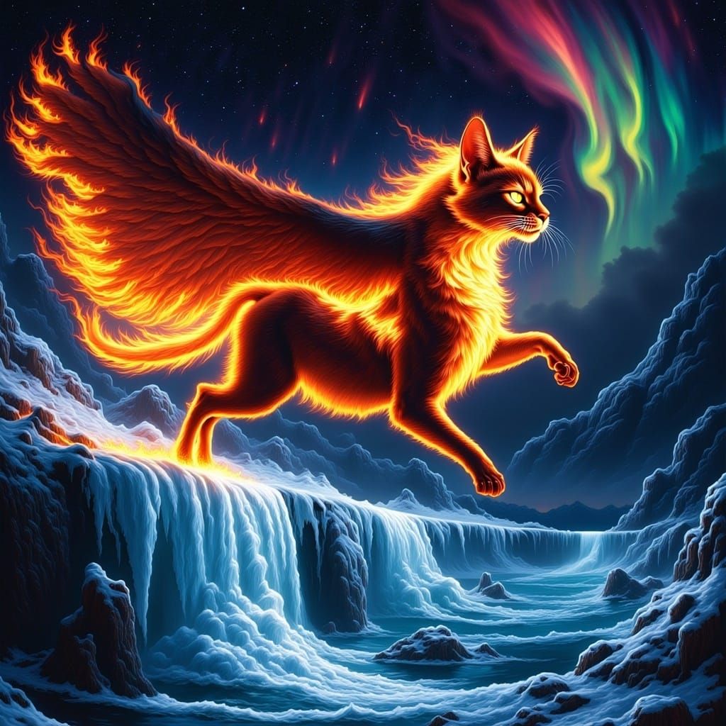 Mystical Fire Cat Leaping Over Frozen Waterfall