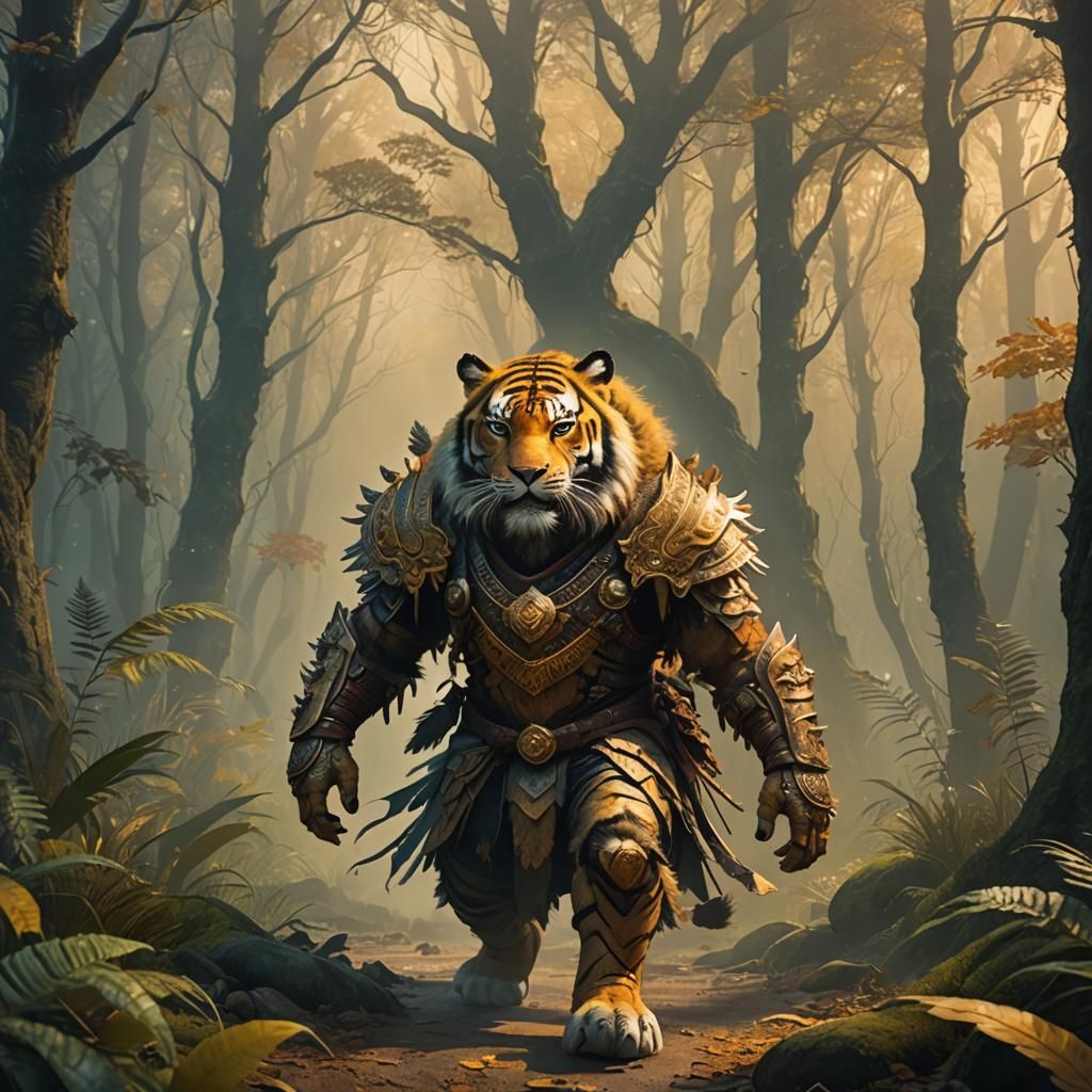 Tiger Warrior in Misty Forest, Digital Matte Painting