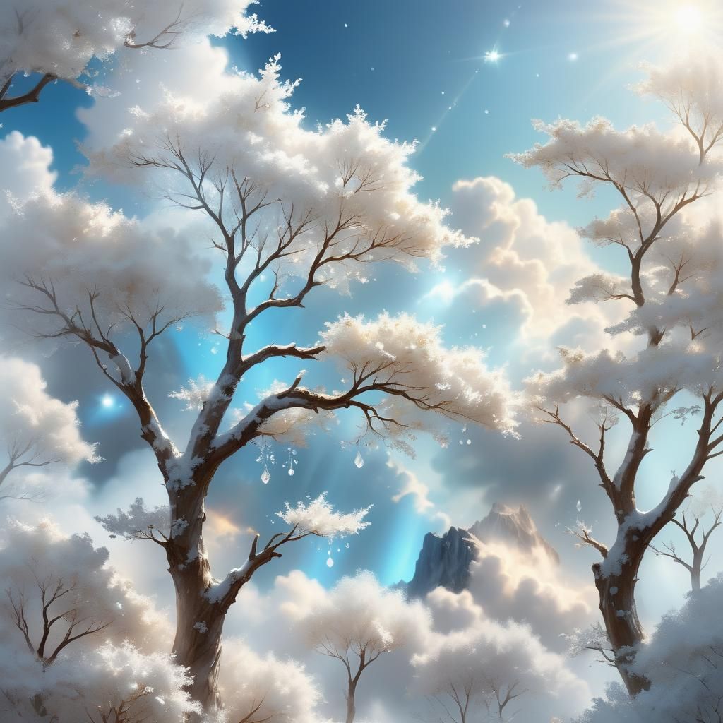 Ethereal Crystal Tree on Cloud Mountain: Digital Art