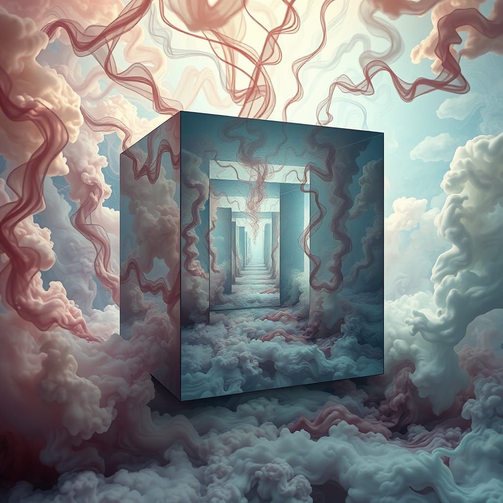 Mirrored Cube Falling into Surreal Smoke Vortex