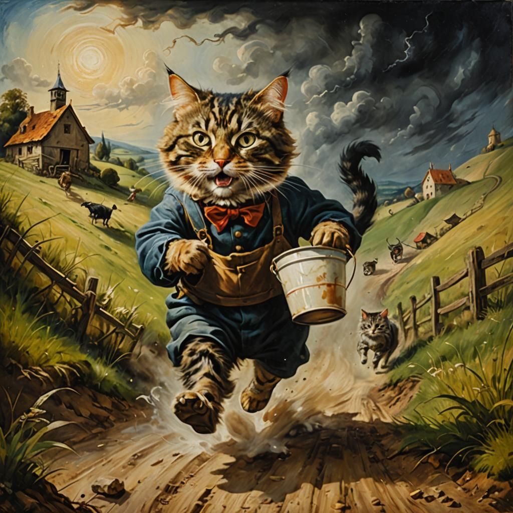 Surreal Cat Steals Milk, Farmer Chases in Oil Painting