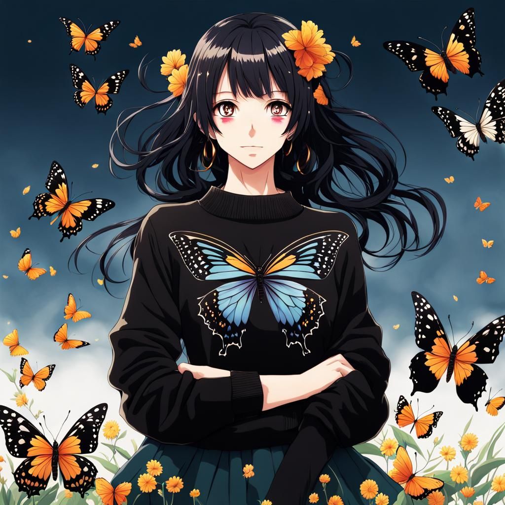 Anime Woman in Butterfly Sweater