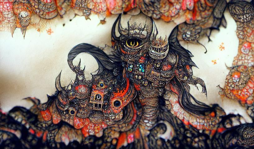 Scary Hell Guardian: Detailed Mixed Media Painting