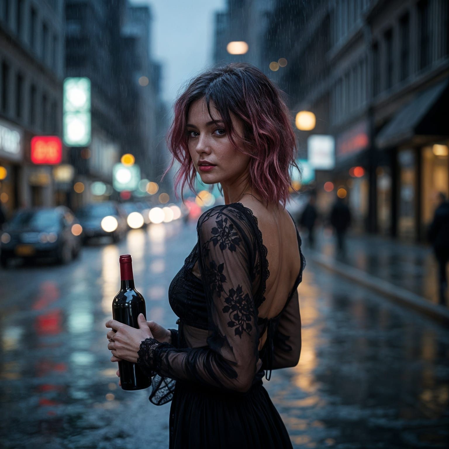 Rainy City Night: Young Woman with Pink Hair