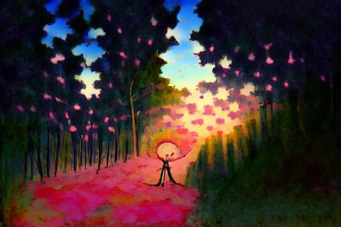Pink Forest with Shadow in Naive Art Style