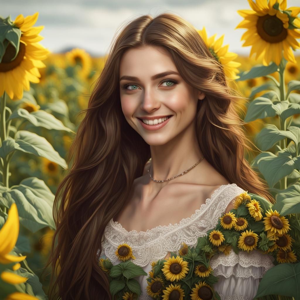 Victorian Woman in Sunflowers: Detailed Matte Painting