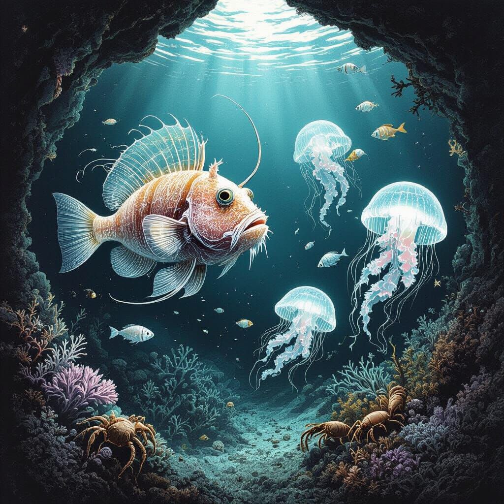 Bioluminescent Anglerfish and Jellyfish in Pen and Ink