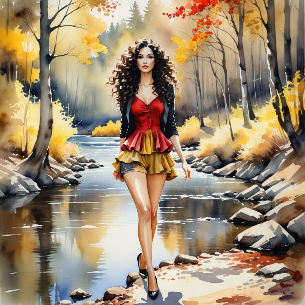 Beautiful woman, black  curly long  hair, , peplum  clothes,, walking by forest, near the river, on a sunny day."Coffee ...