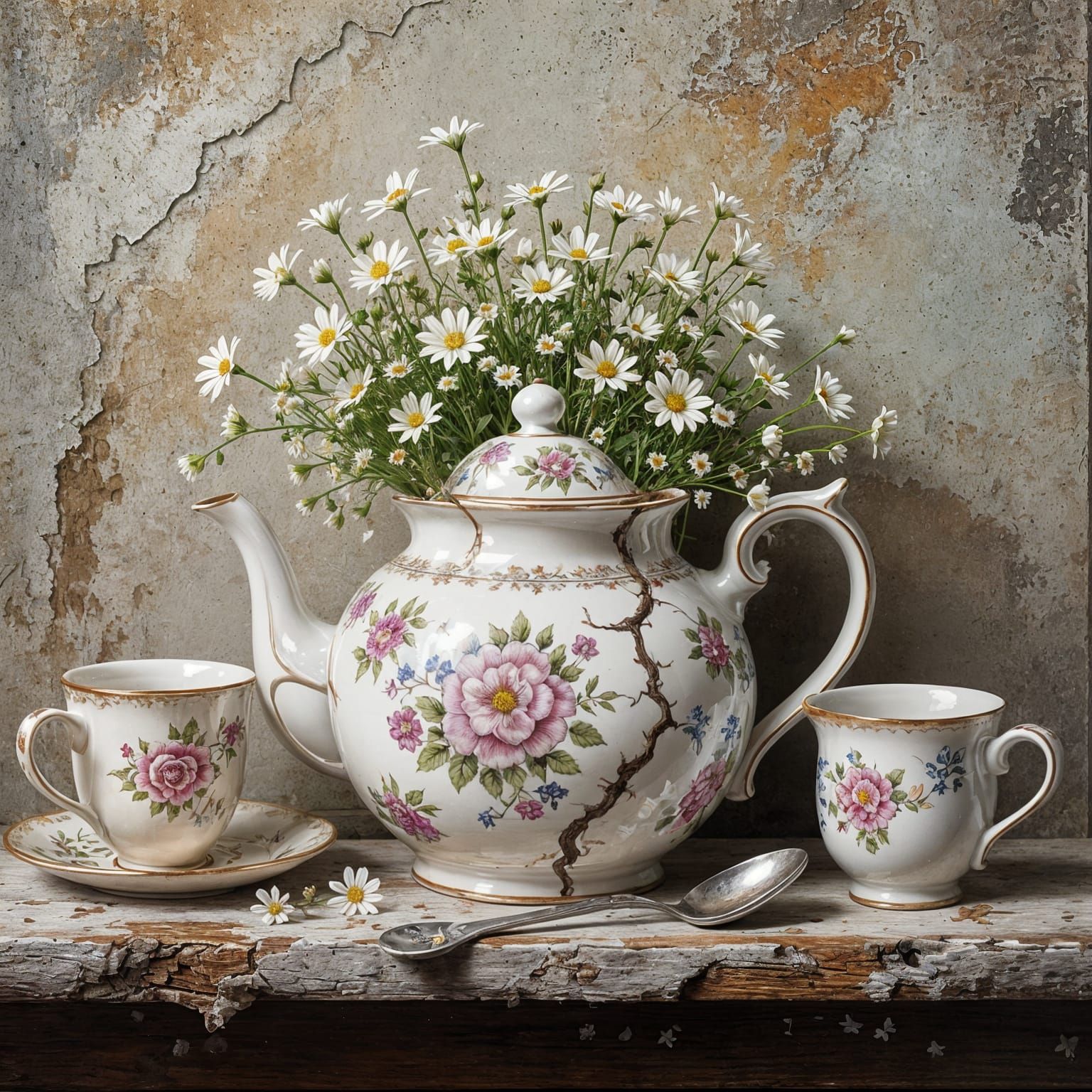 Wildflowers Bloom in Cracked Teapot: Hyperrealistic Splash A...