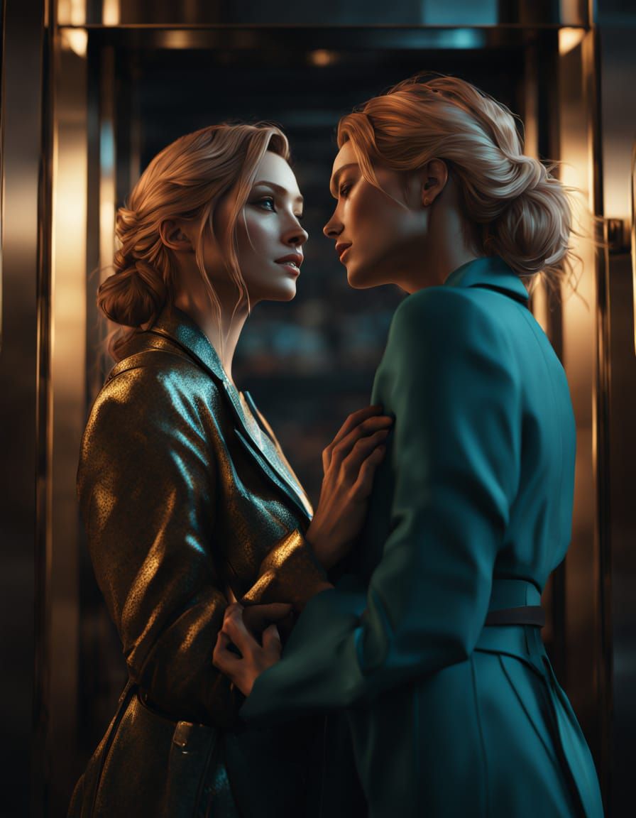 Two Women Embracing in a Sleek Elevator