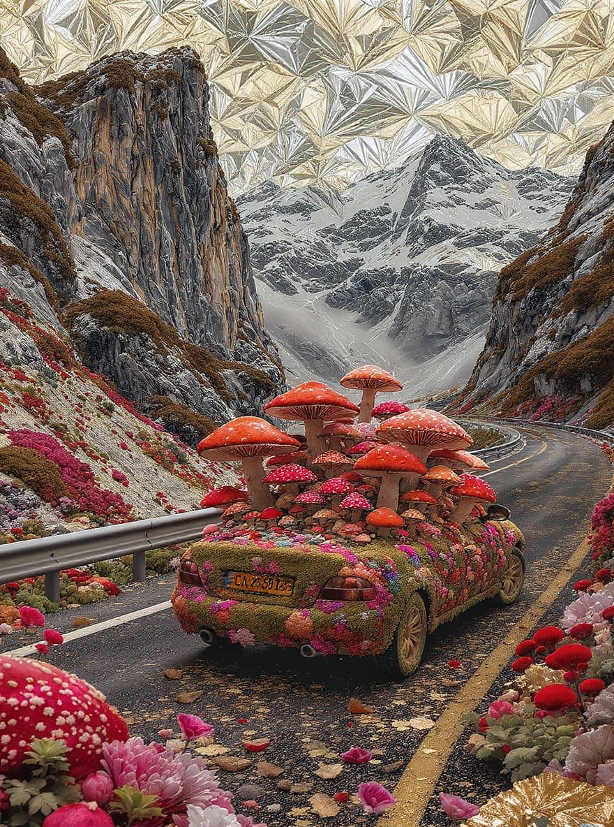 Car Covered in Mushrooms: Luminous Foil Art