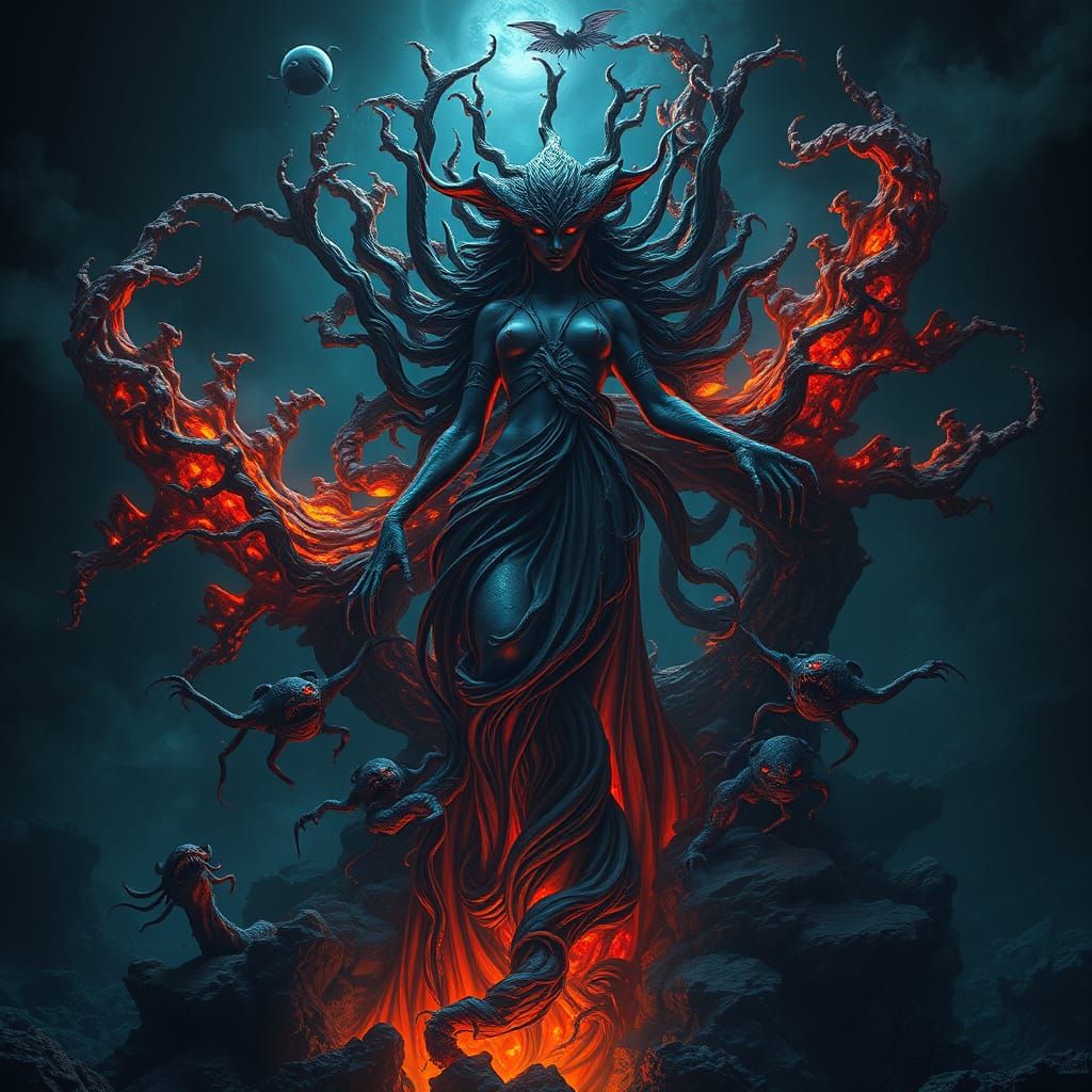 Dark Primordial Goddess of the Deep in Eerie Surrealism