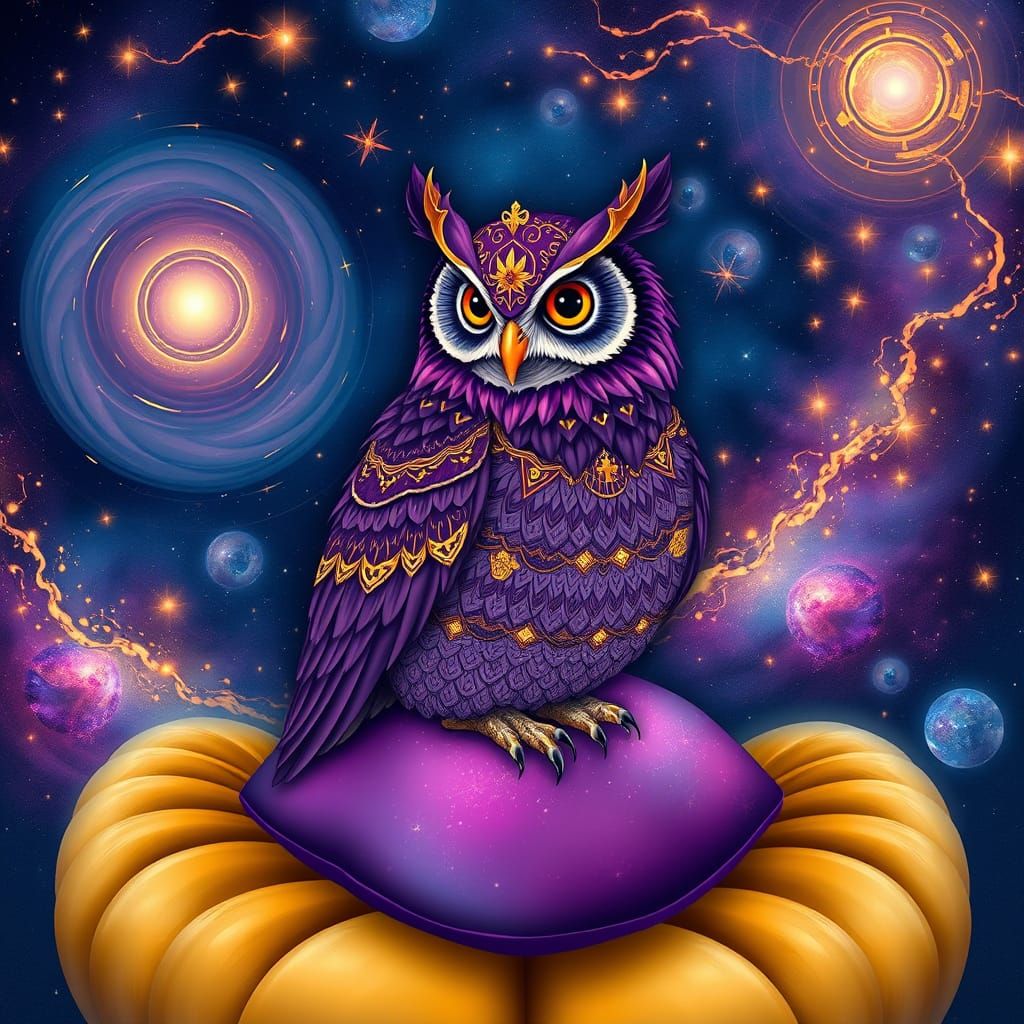 Regal Celestial Owl Perched Among the Stars