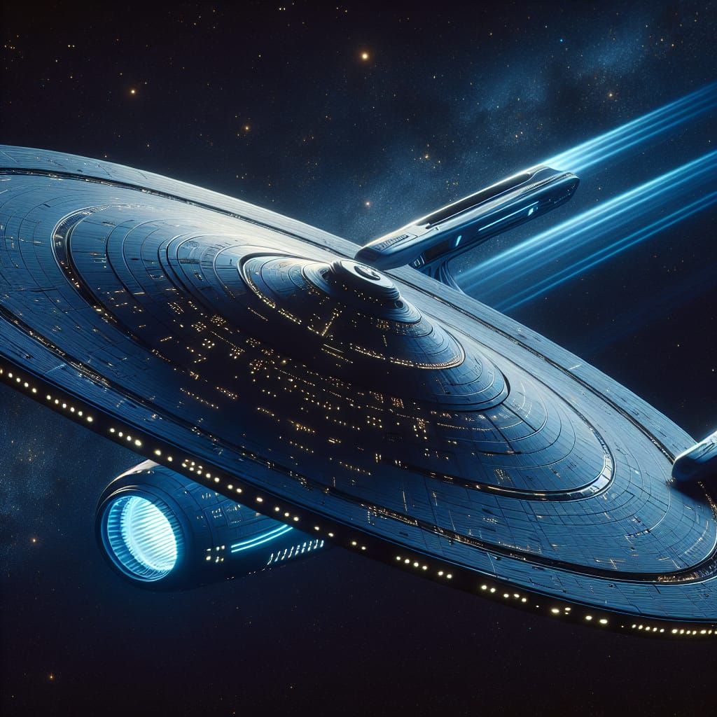 Federation starfleet style starship,  primary saucer section, secondary engineering section, dorsal connector between se...