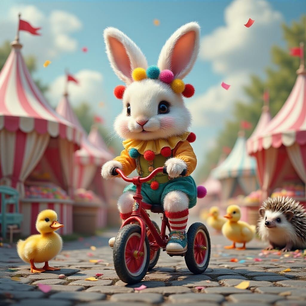 Bunny Jester Rides Tricycle in Whimsical Carnival