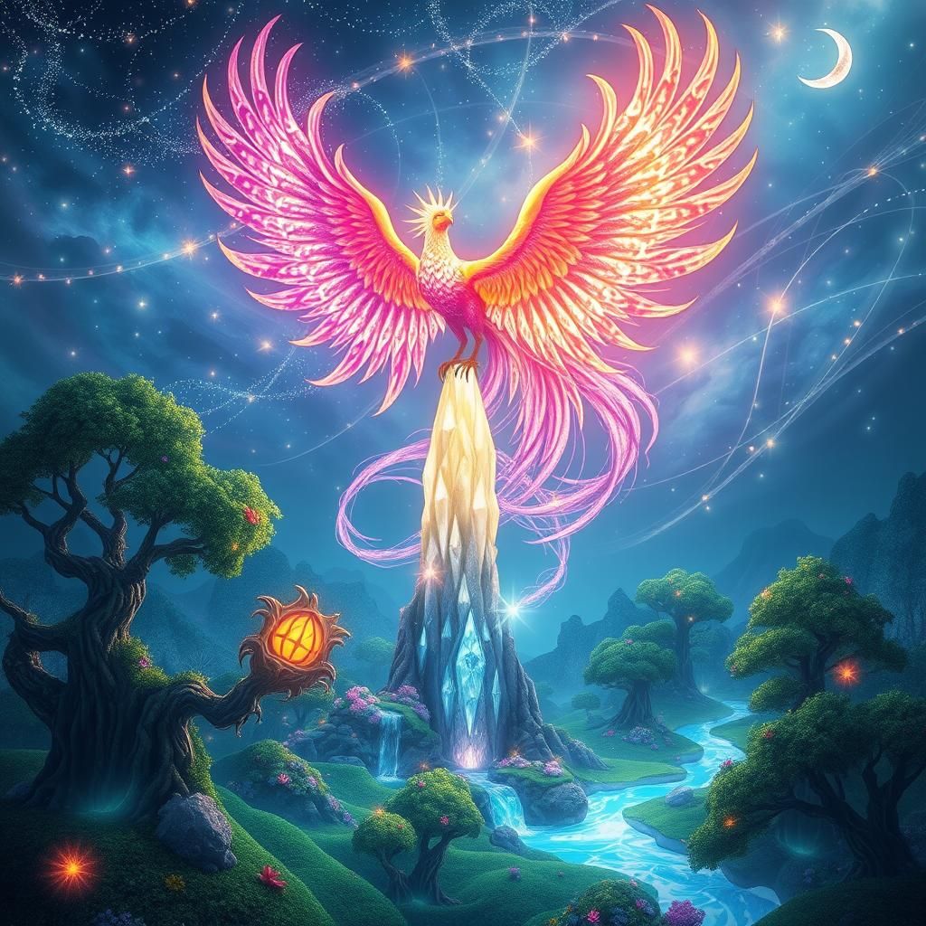 Luminous Phoenix soars above Whimsical Realm with Iridescent...