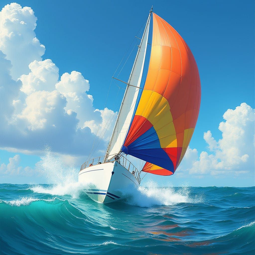 Impressionist Sailboat Scene in Vibrant Oceanic Colors