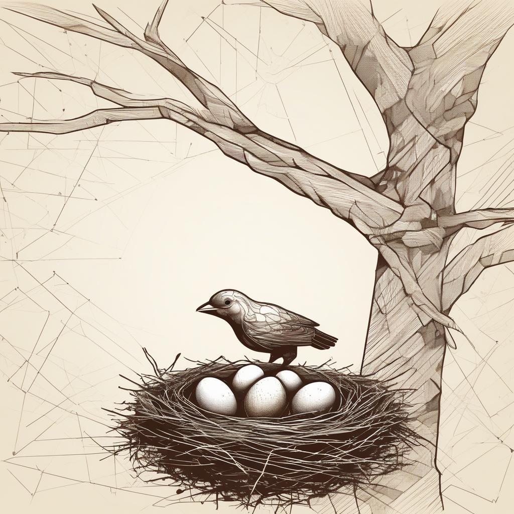 Mother Bird and Hatchlings in Hand-Drawn Style