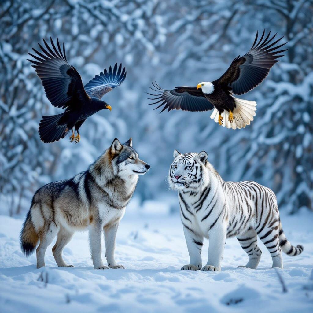 Winter Wildlife: Wolf, Raven, Tiger, and Eagle