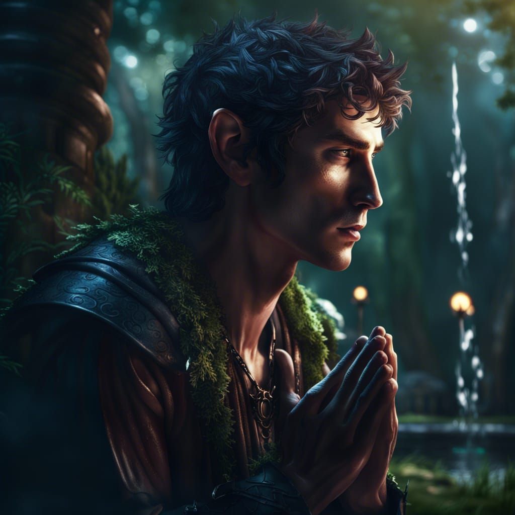 Elf Praying in Forest, Fantasy Concept Art