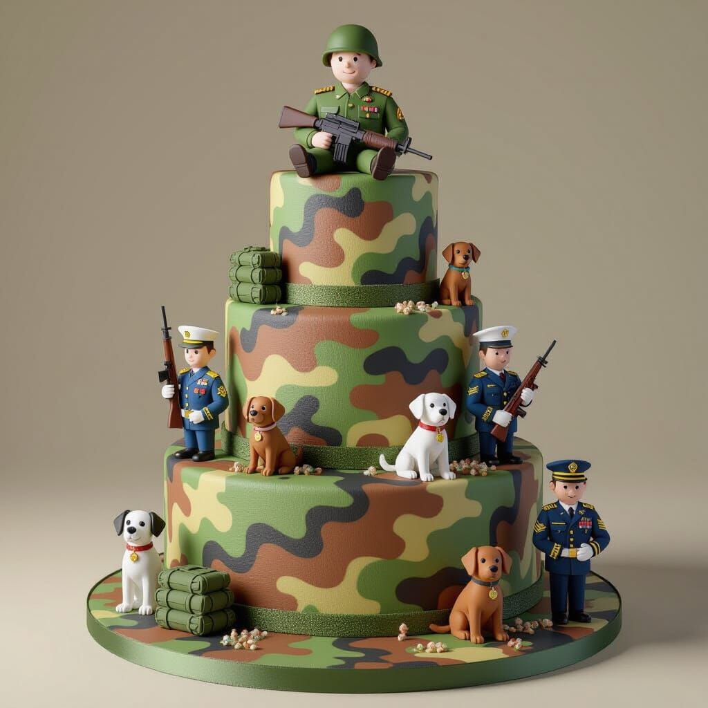 Camouflage Military Service Tiered Cake with Figures