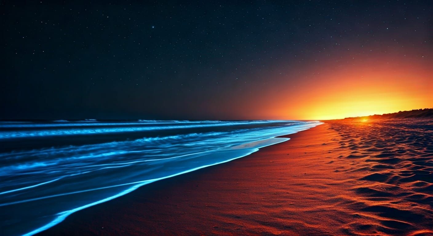 Bioluminescent Waves Under Starry Sky, Digital Matte Paintin...