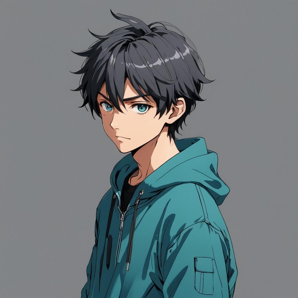 Anime Style Portrait of a Youth with Green Eyes
