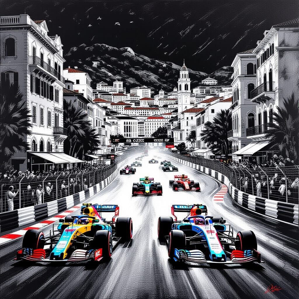 Monaco Grand Prix Racing in Stark Woodcut Style