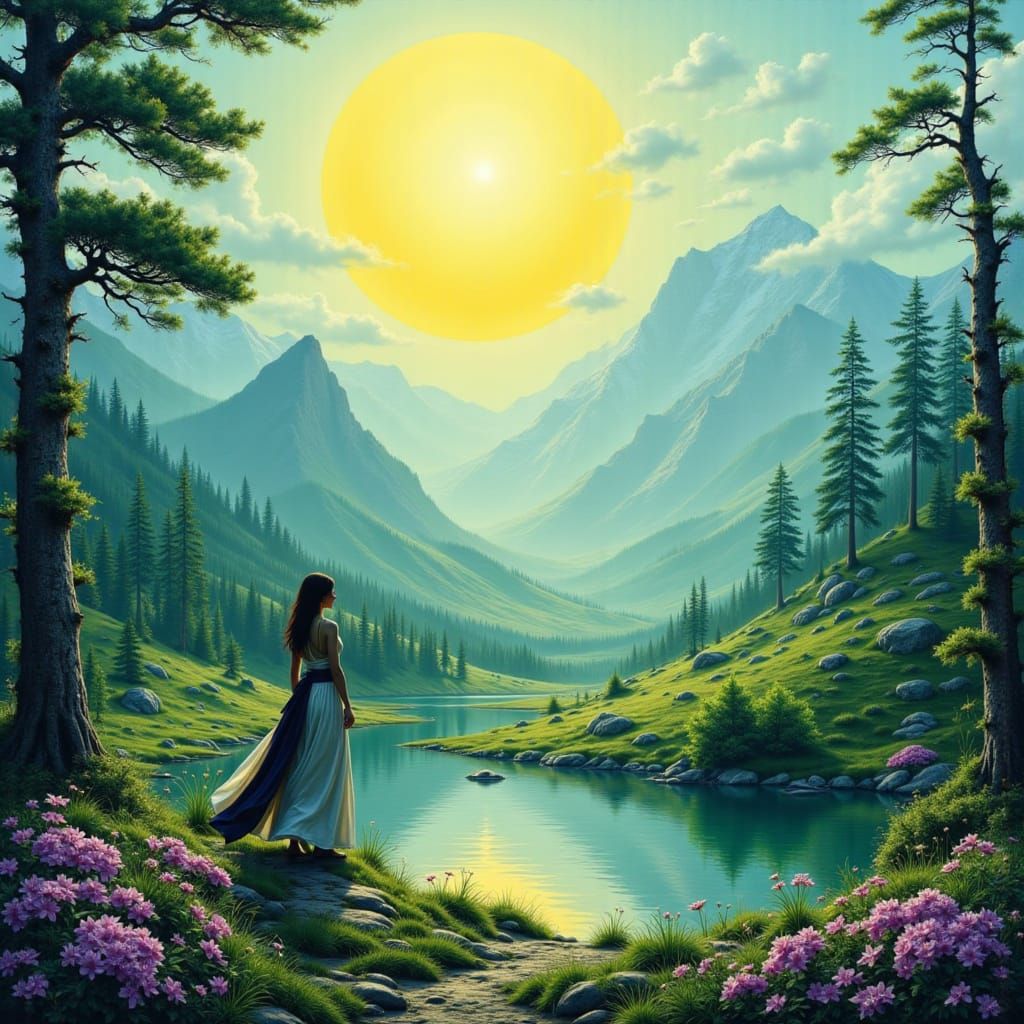 infinity landscape; colour palette of green, yellow, violet,...