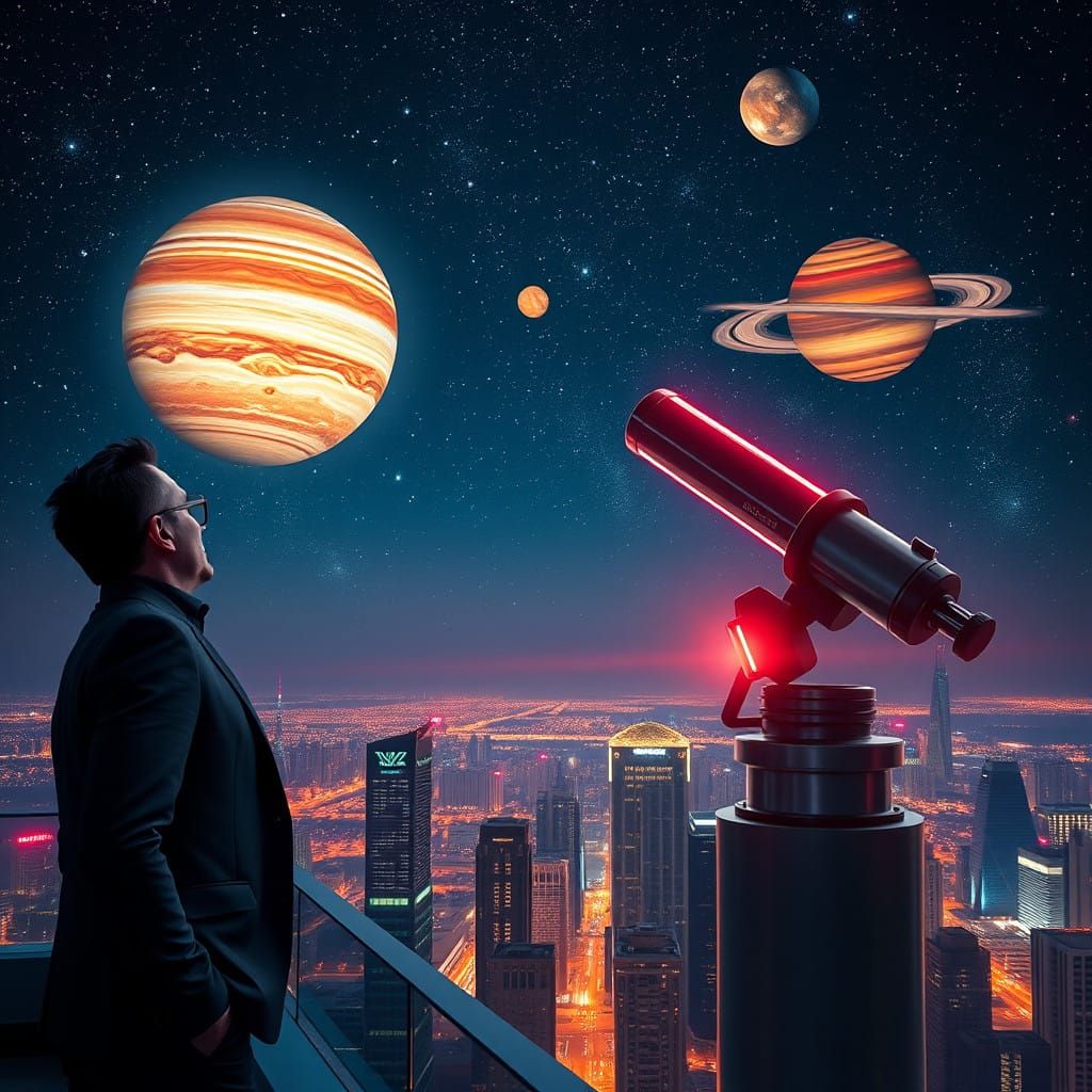 Man Contemplates Cosmic Wonders in Futuristic Rooftop Observ...