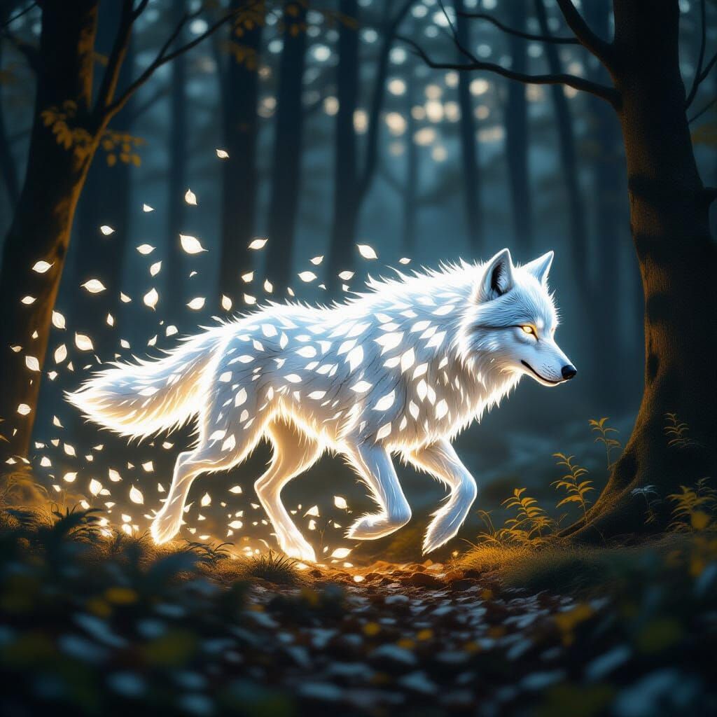 Ethereal Leaf Wolf in Enchanted Forest at Night