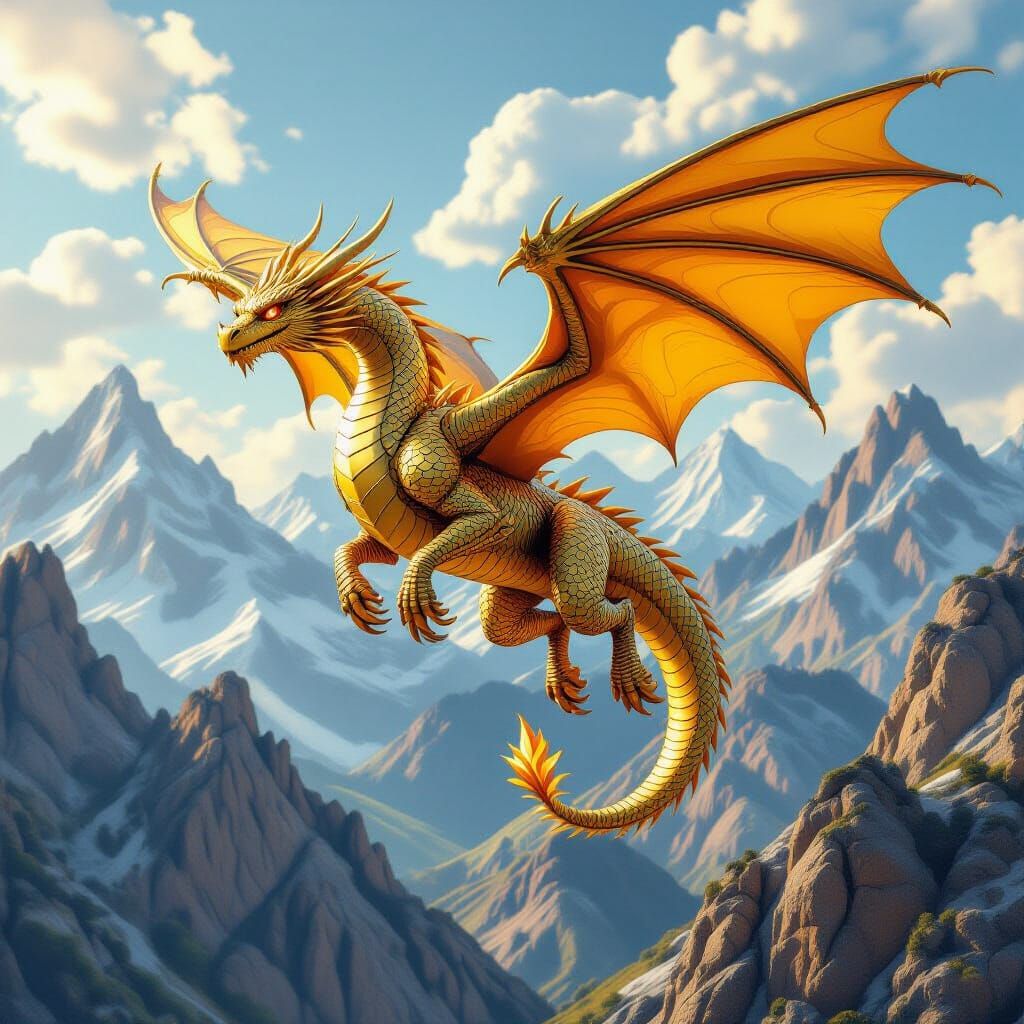 Gold Dragon Flying Over Mountains in Pop Art Style