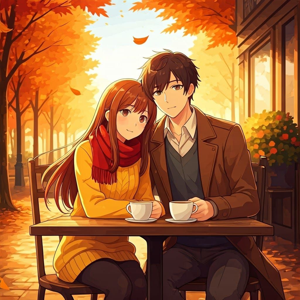 Couple in Autumn, Anime-Style Illustration