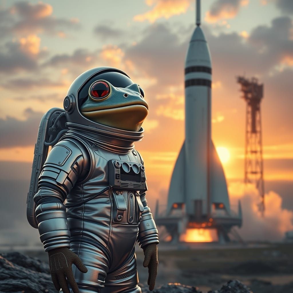 Frog Astronaut and Starship in Sci-Fi Style