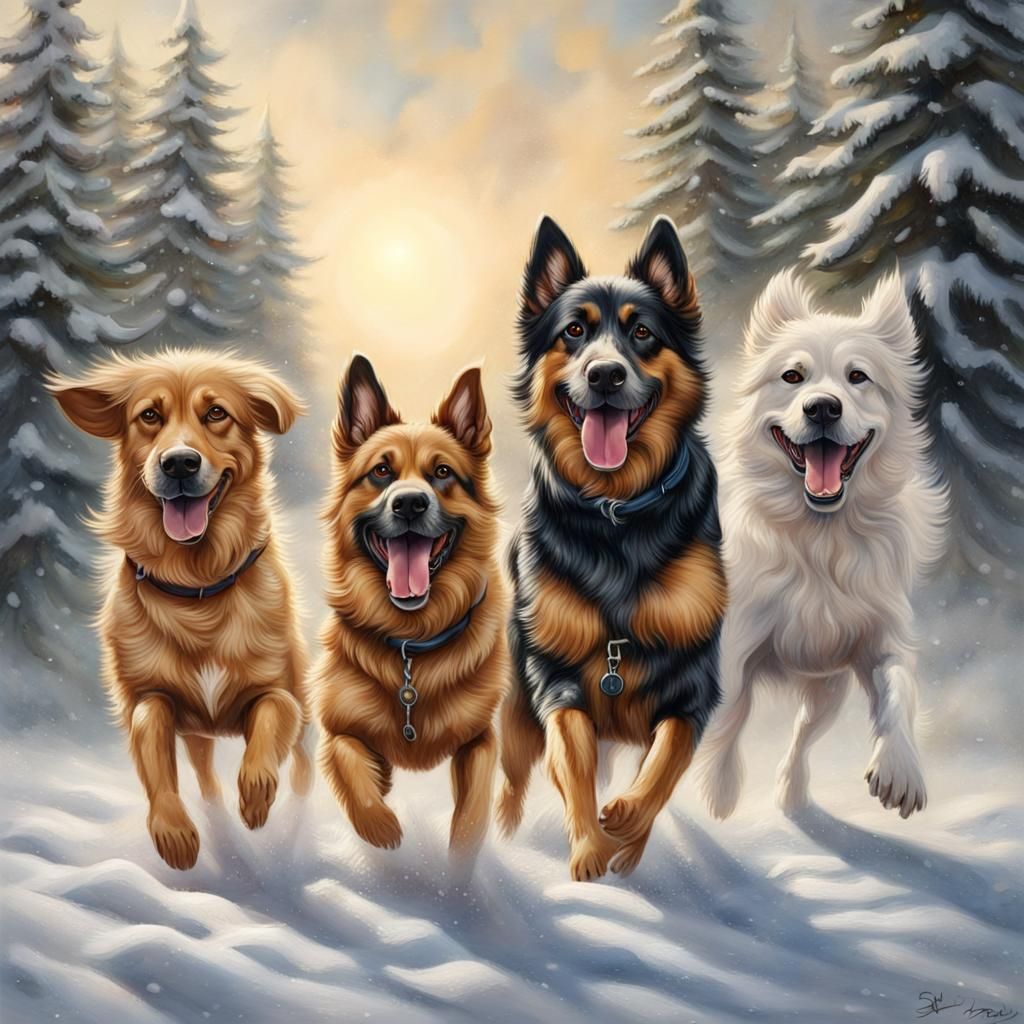Dogs Playing in Snow: Realistic Oil Painting